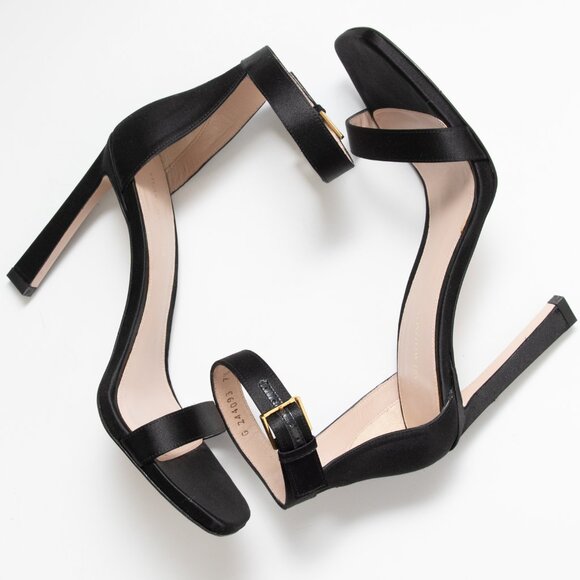 Stuart Weitzman Square Toe Heels Ankle Buckle Sateen Evening Shoes Black 7.5 - Picture 6 of 11